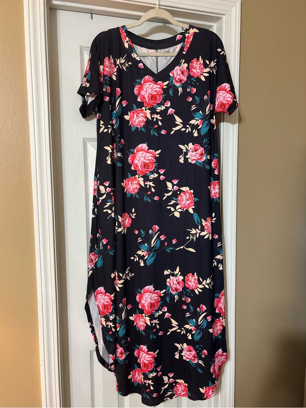 Tickled Teal Navy Floral V-Neck Maxi Dress with Pink Roses